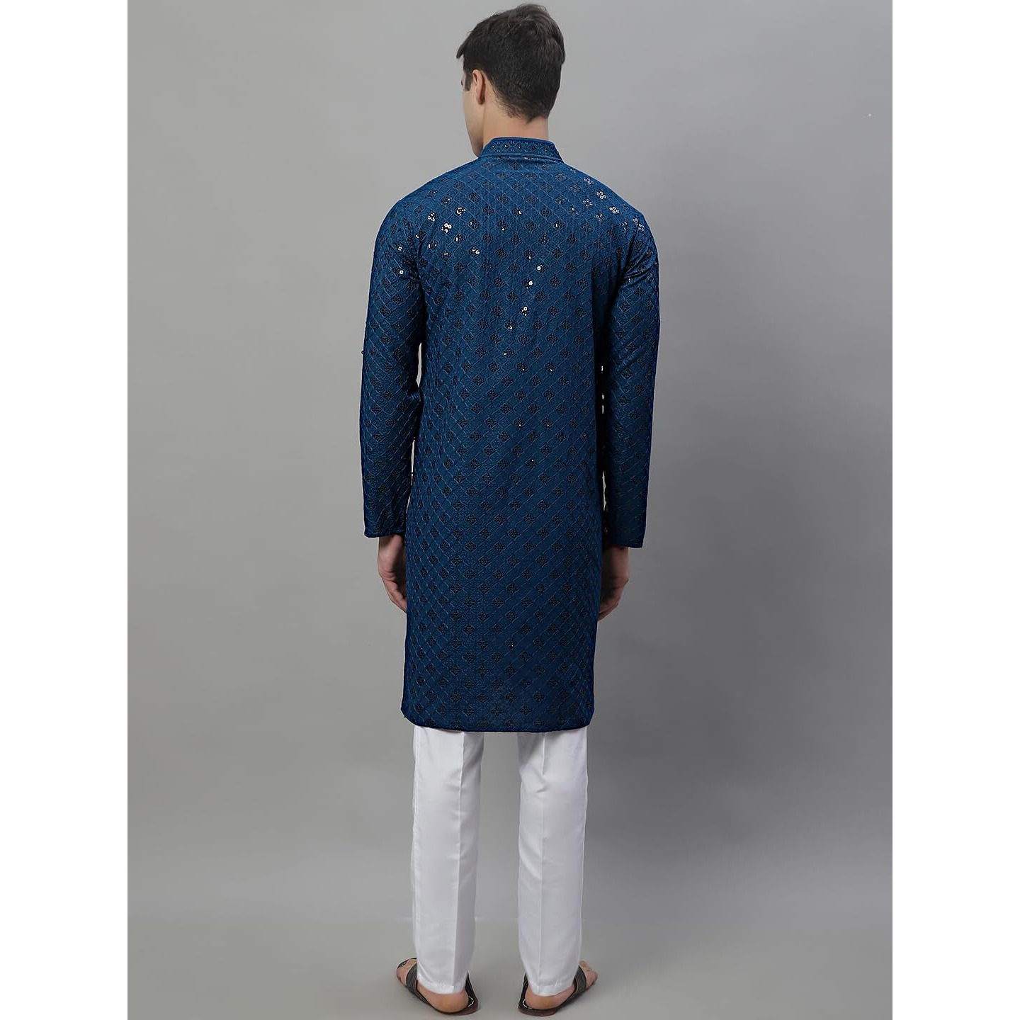 Jompers Men's Chikankari Embroidered And Sequence Kurta With Pyjama (Peacock, S)