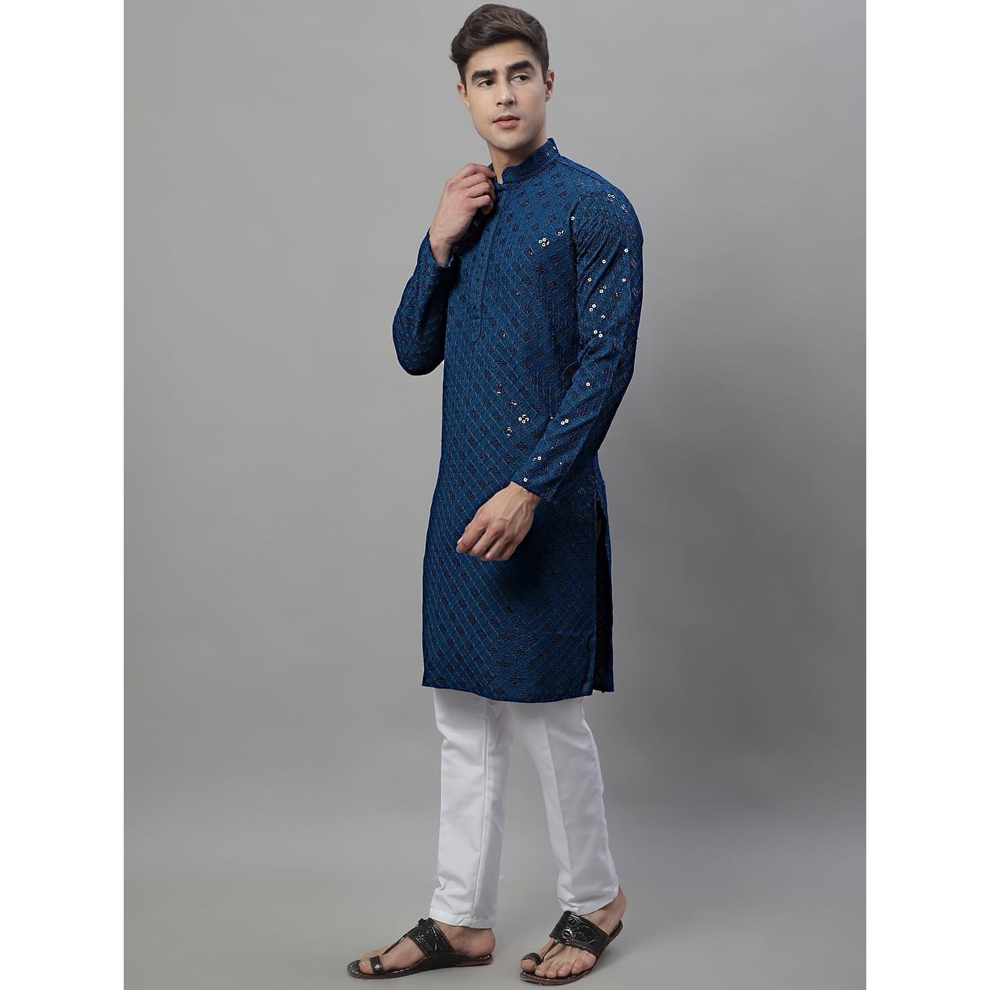 Jompers Men's Chikankari Embroidered And Sequence Kurta With Pyjama (Peacock, S)
