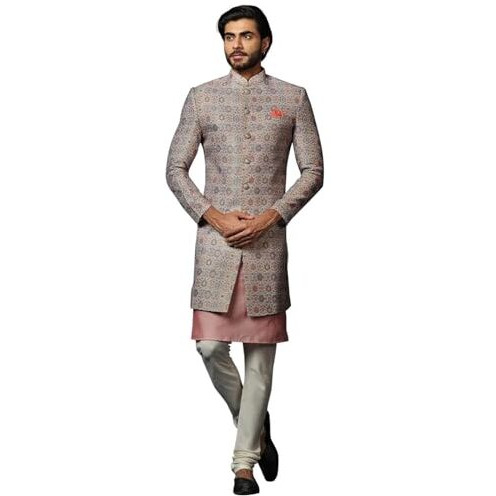 Kisah Men's Grey And Pink Indo-Western Kurta Sherwani Churidar Set Cotton Full Sleaves, Knee Length, Straight, Regular Fit, Mandarin Collar Ethnic Wear