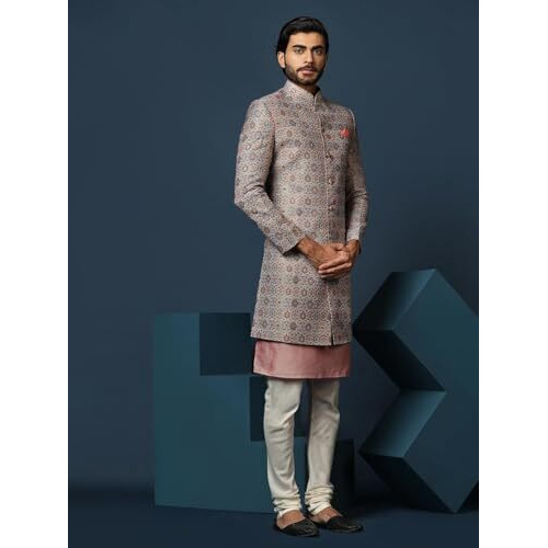 Kisah Men's Grey And Pink Indo-Western Kurta Sherwani Churidar Set Cotton Full Sleaves, Knee Length, Straight, Regular Fit, Mandarin Collar Ethnic Wear
