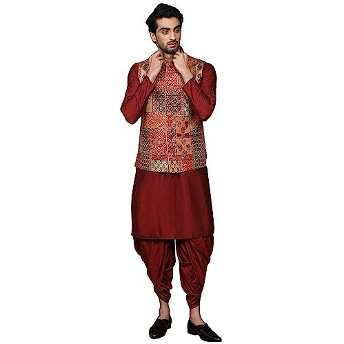 Kisah Men's Ethnic Wear Regular Fit Cotton Blend Printed Multi-Maroon Kurta Dhoti Pants And Jacket Set|42