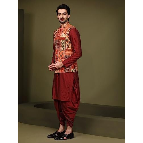 Kisah Men's Ethnic Wear Regular Fit Cotton Blend Printed Multi-Maroon Kurta Dhoti Pants And Jacket Set|42
