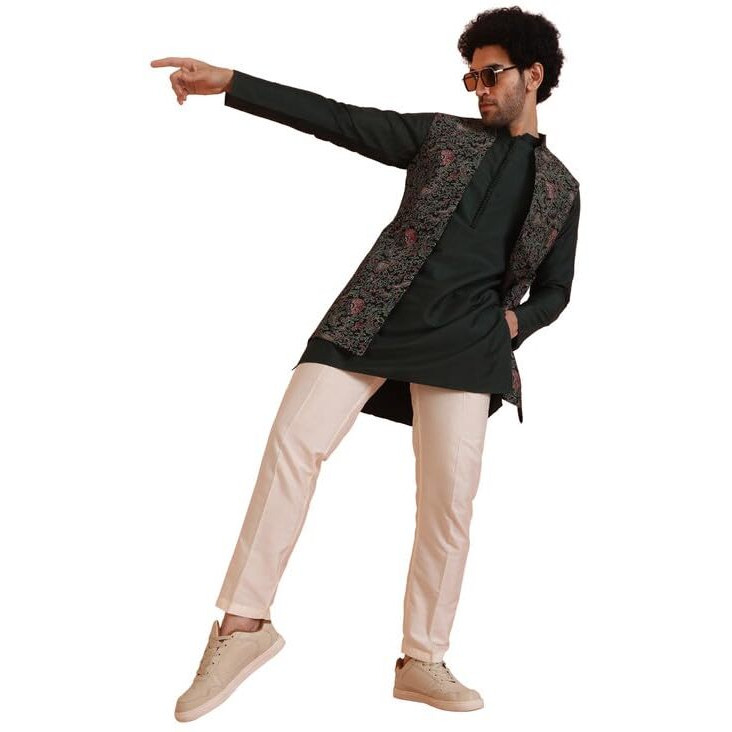 Kisah Men Kurta Jacket Trouser Set, Multi Cotton Blend, Printed Regular Fit Mandarin Collar Long Sleeves, 42