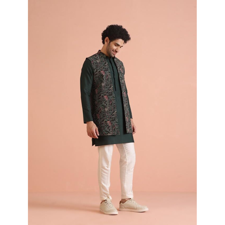 Kisah Men Kurta Jacket Trouser Set, Multi Cotton Blend, Printed Regular Fit Mandarin Collar Long Sleeves, 42