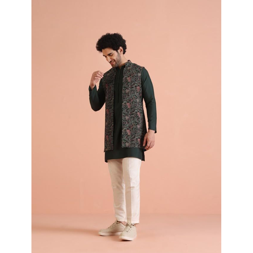 Kisah Men Kurta Jacket Trouser Set, Multi Cotton Blend, Printed Regular Fit Mandarin Collar Long Sleeves, 42