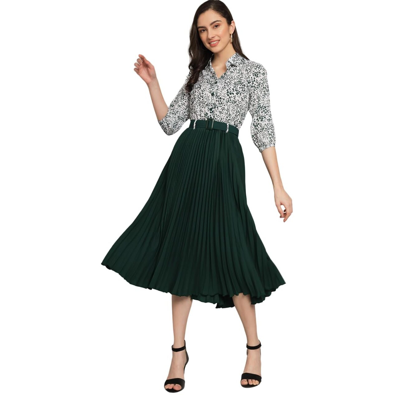 Kzully | Elegant A-Line Dress Collared V-Neck Top, Pleated Skirt With Elastic Waist, Includes Belt Green