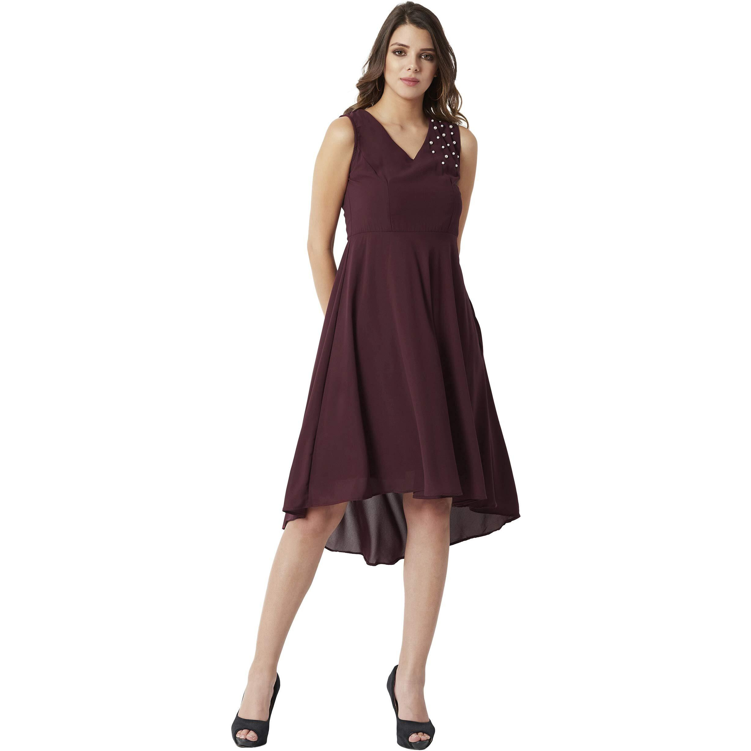 Miss Chase Women's Maroon V-Neck High-Low Skater Dress (Mcss18D10-73-143-05, Maroon, Large)