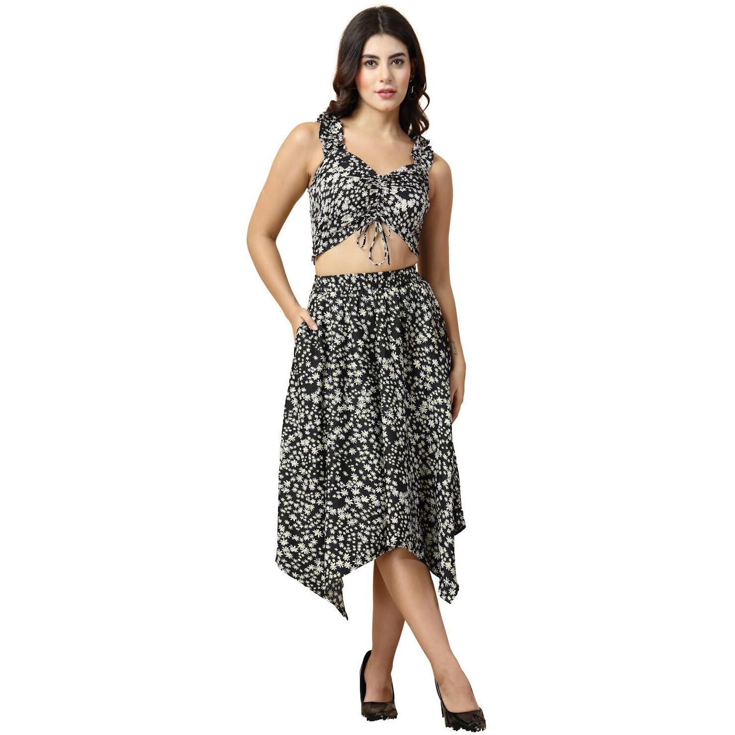Oomph Crepe Top And Skirt Set For Women, Black - Coord_Mt841Msk173