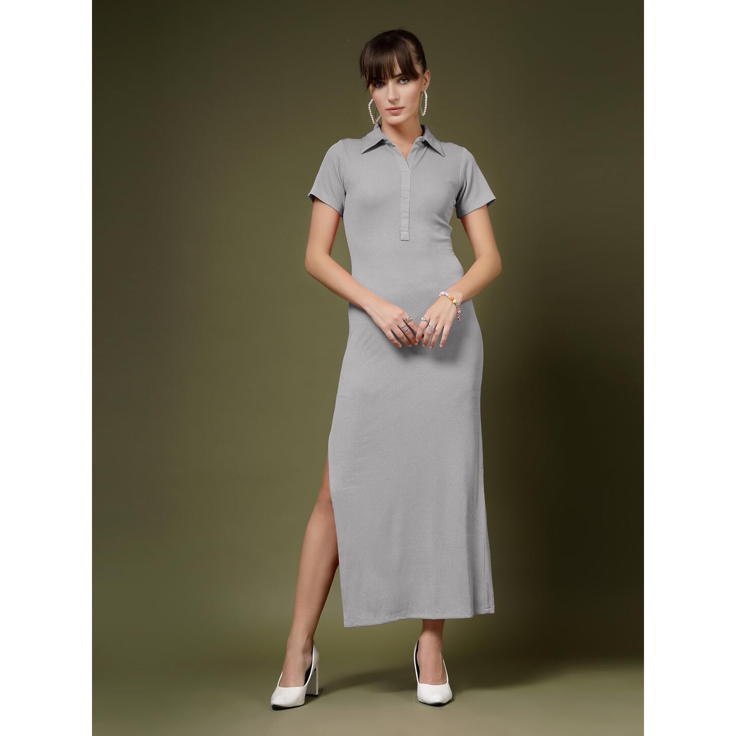 Oomph Women's Western & Fusion Wear Stretchable Ribbed Lycra Shirt Dress For Women, Bodycon, Grey - Md1118