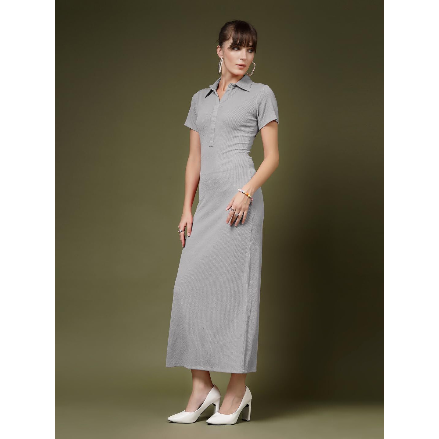 Oomph Women's Western & Fusion Wear Stretchable Ribbed Lycra Shirt Dress For Women, Bodycon, Grey - Md1118