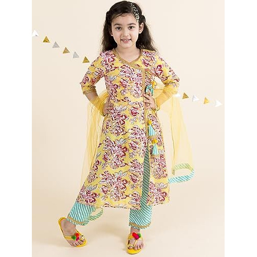 Pspeaches Girls Yellow Floral Printed Angrakha Pure Cotton Kurta With Trousers With Dupatta (Yellow-7-8Y)