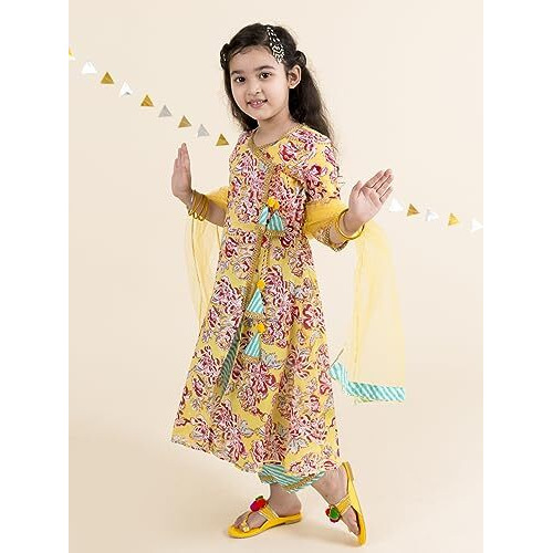Pspeaches Girls Yellow Floral Printed Angrakha Pure Cotton Kurta With Trousers With Dupatta (Yellow-7-8Y)