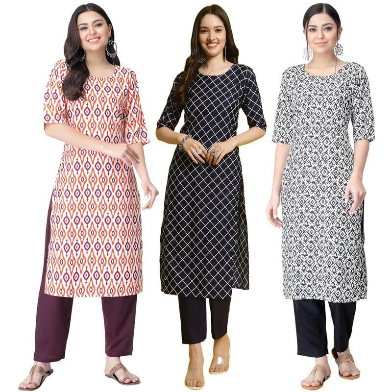 Pinkmint Women's Crepe Printed Kurta Set Ethnic Wear Women Kurta Set Comfortable Kurta Set For Women's(Pack Of 3)
