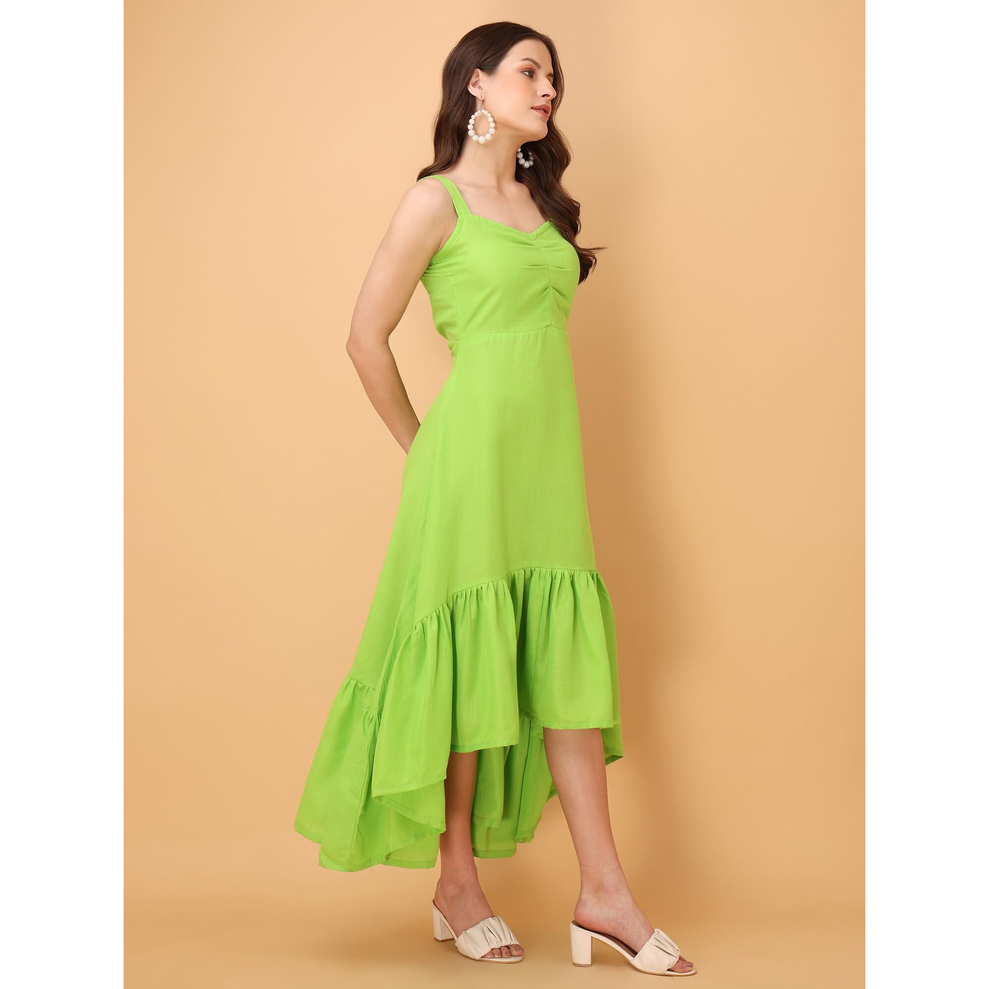 Purvaja Womens V-Neck Ruffle Cotton Blend Dress (Floe-054-S_Green)