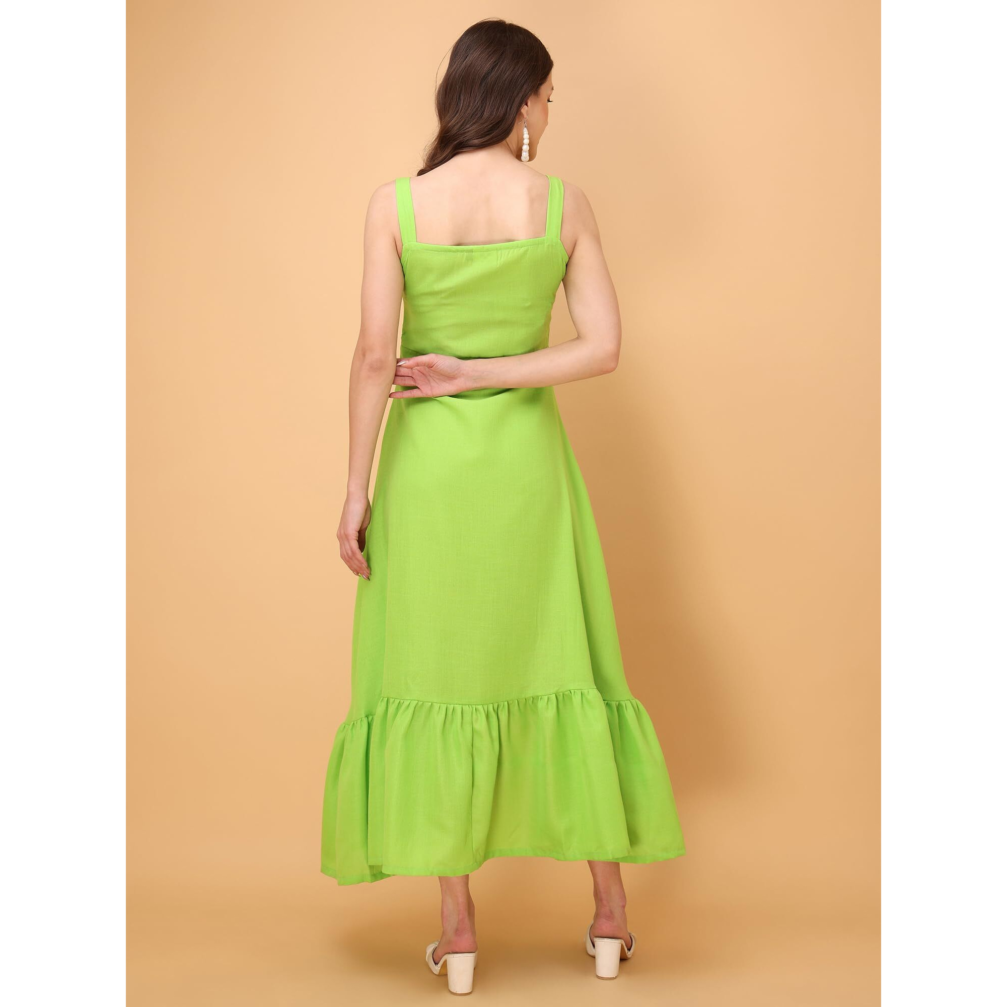 Purvaja Womens V-Neck Ruffle Cotton Blend Dress (Floe-054-S_Green)