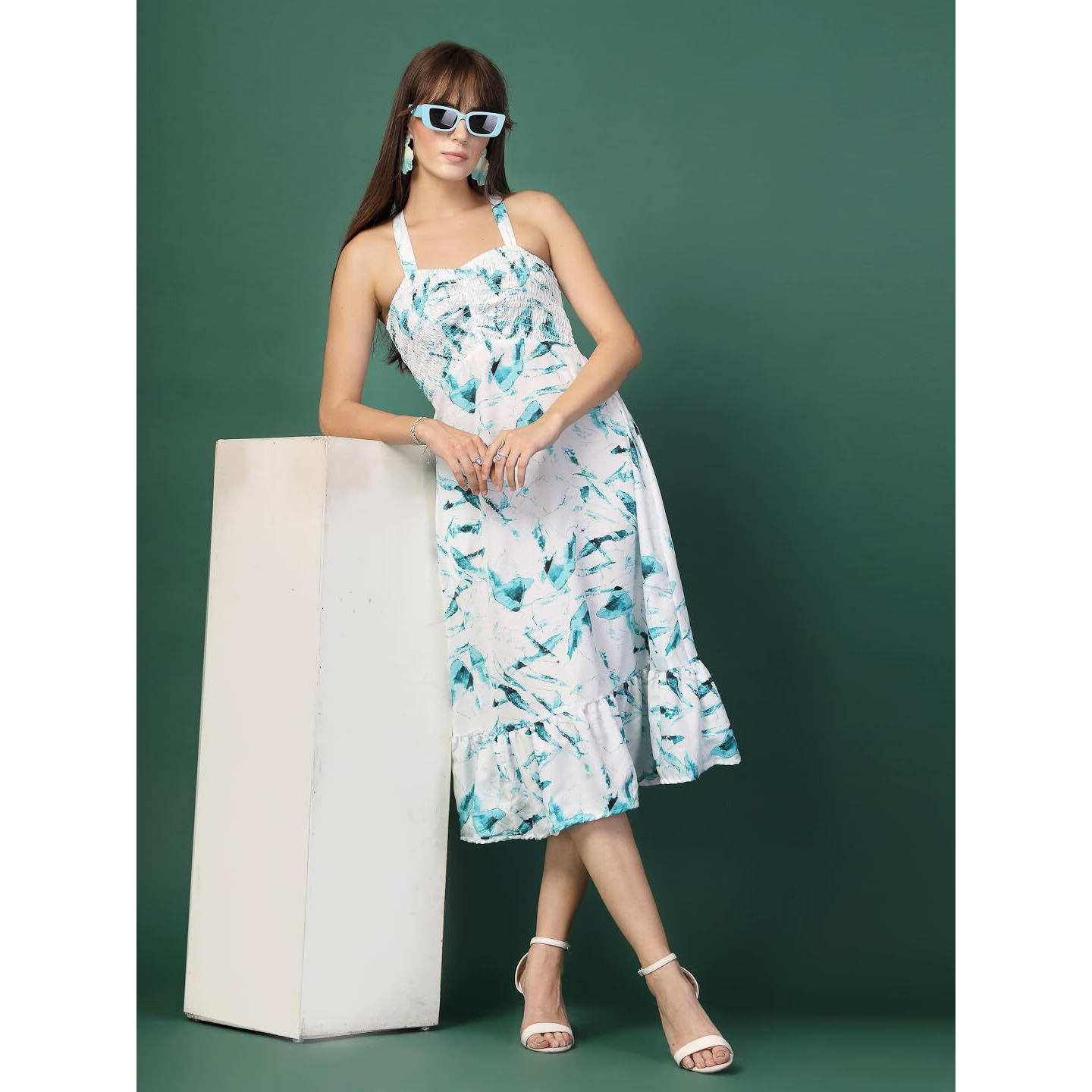 Oomph Women's Western & Fusion Wear Printed Crepe Dress For Women, Smocked Bodice, Blue - Md1054