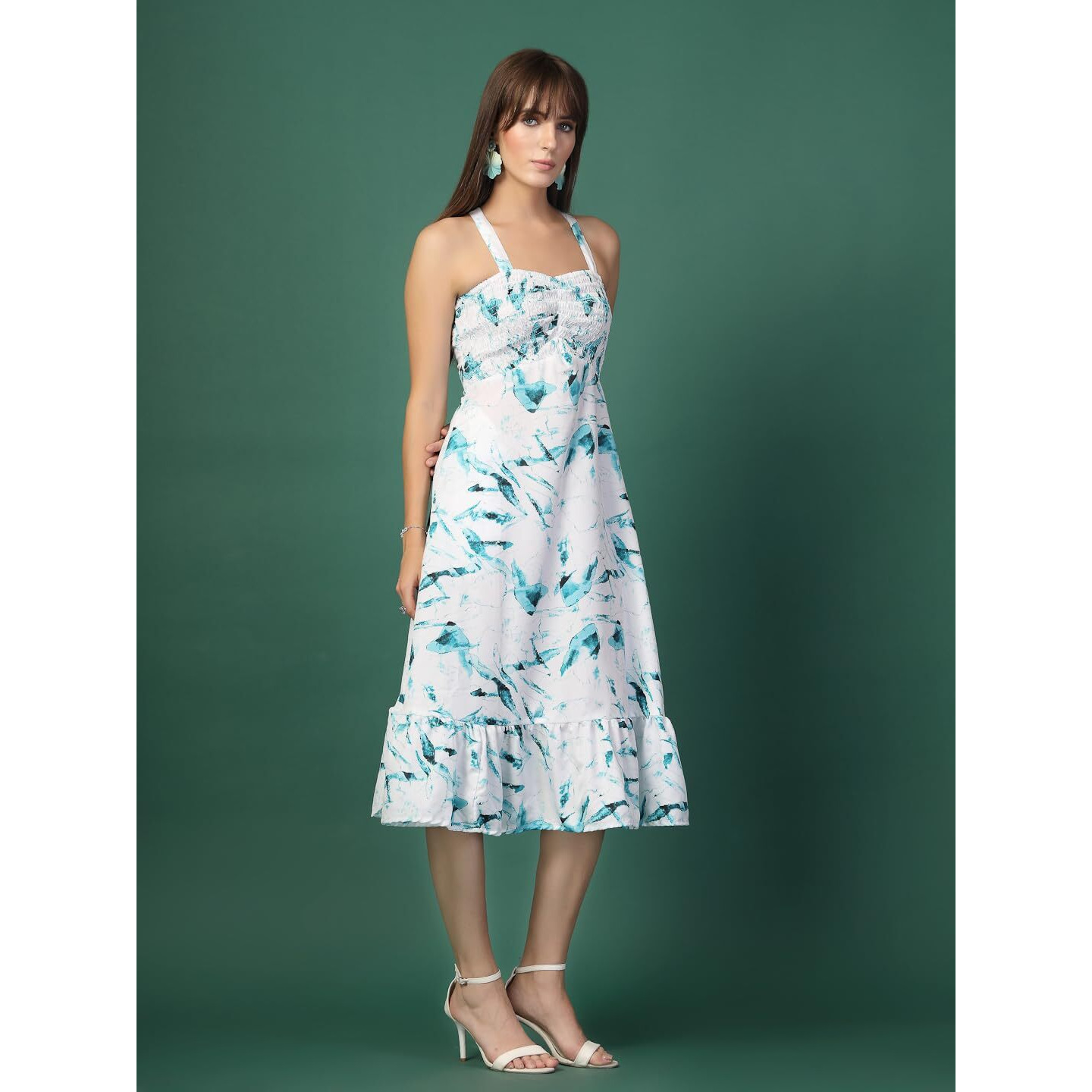 Oomph Women's Western & Fusion Wear Printed Crepe Dress For Women, Smocked Bodice, Blue - Md1054