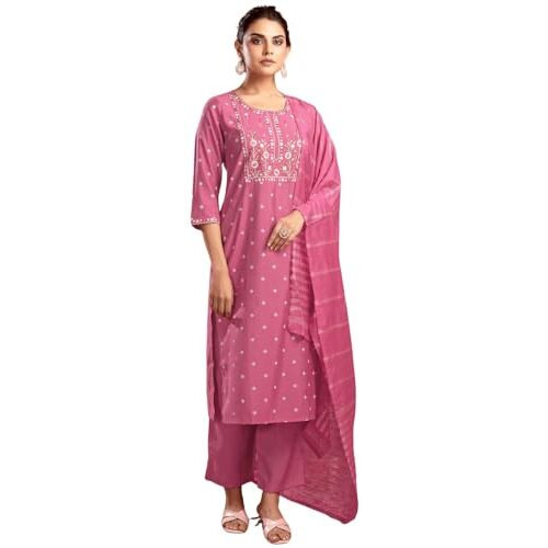 Sanisa Women's Silk Blend Pigment Print & Embroidery Straight Kurta With Pant And Dupatta Set (213Kbd2253N-S_Pink)