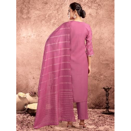 Sanisa Women's Silk Blend Pigment Print & Embroidery Straight Kurta With Pant And Dupatta Set (213Kbd2253N-S_Pink)