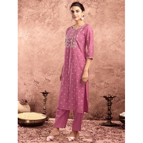Sanisa Women's Silk Blend Pigment Print & Embroidery Straight Kurta With Pant And Dupatta Set (213Kbd2253N-S_Pink)