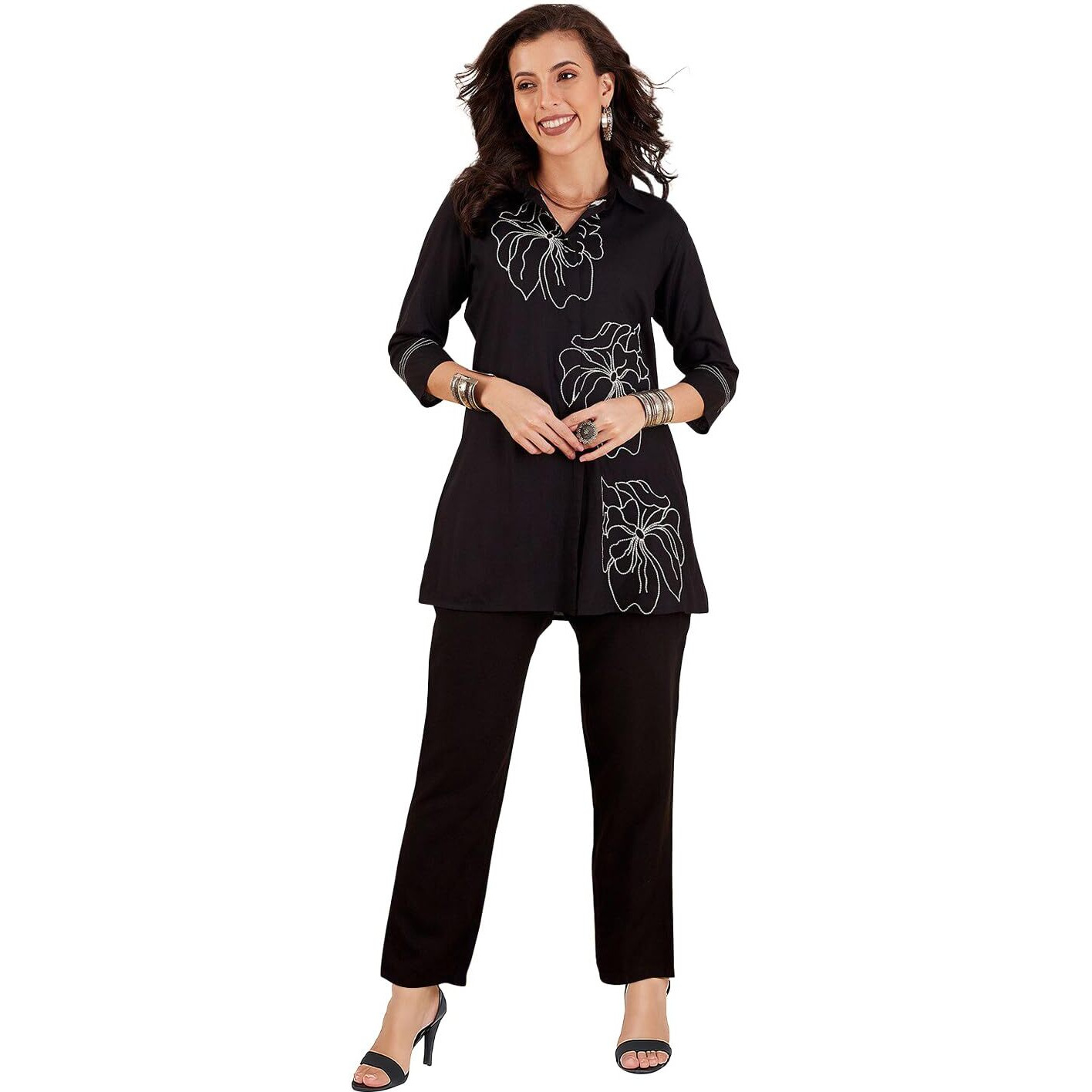 Shasmi Women's Elegant Black Co Ord Set For Women Stylish Kurta Ethnic 3/4 Sleeve Co-Ord Set (Co-Ords 191 Black-M)