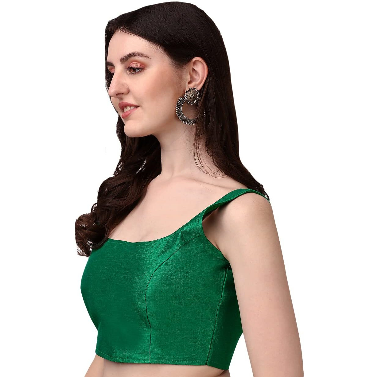 Vihu Fashion Women's Deep Neck Silk Sleeveless Readymade Blouse (Green, 40)