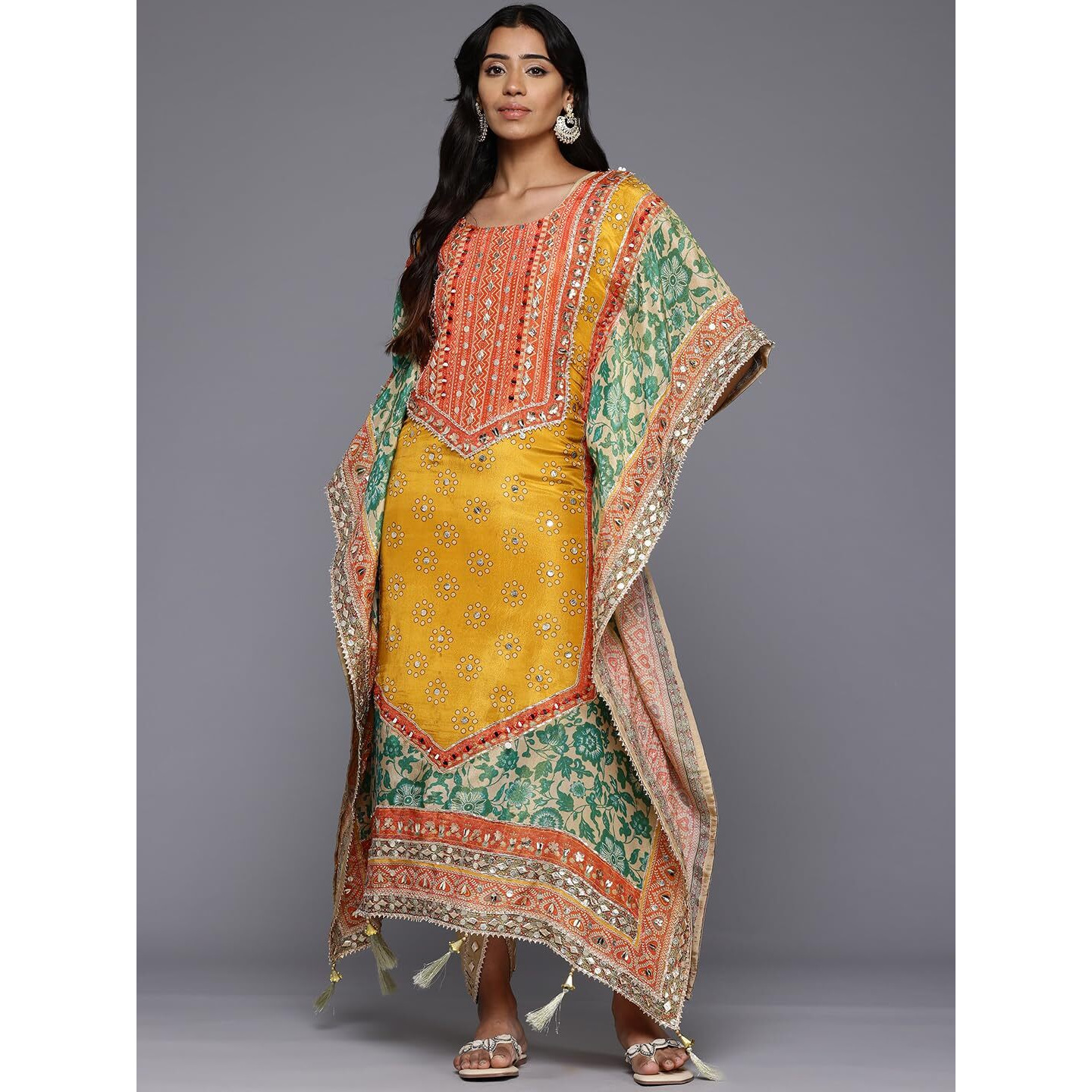 Varanga Women Mustard- Multi Colored Pure Silke Gotta And Mirror Embroidered Kaftan With Dhoti Pants