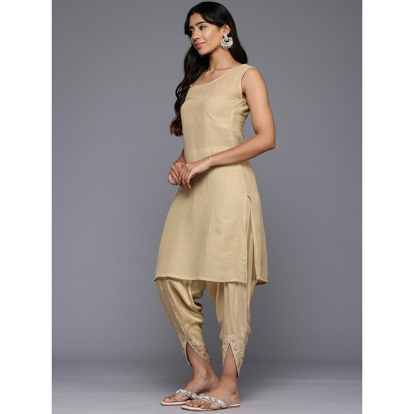 Varanga Women Mustard- Multi Colored Pure Silke Gotta And Mirror Embroidered Kaftan With Dhoti Pants