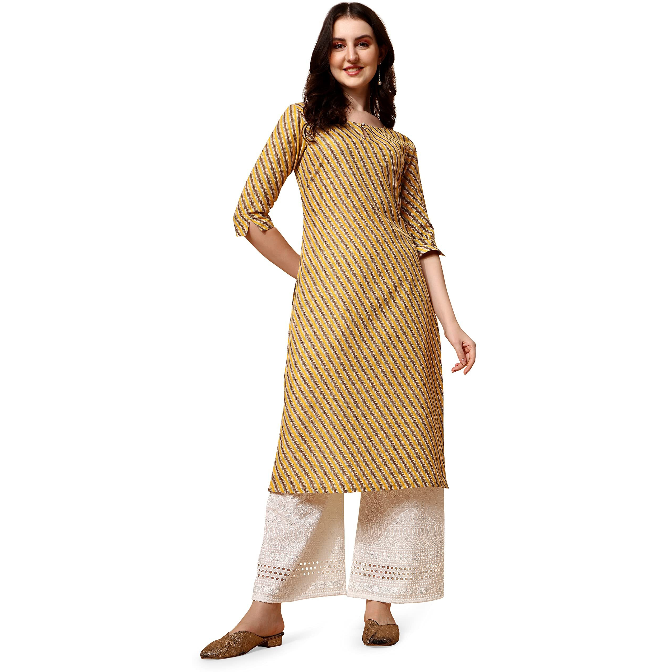 Nainvish Women's Cotton Blend Straight Round Neck Printed Kurta (Sd416_K-S_Light Yellow)