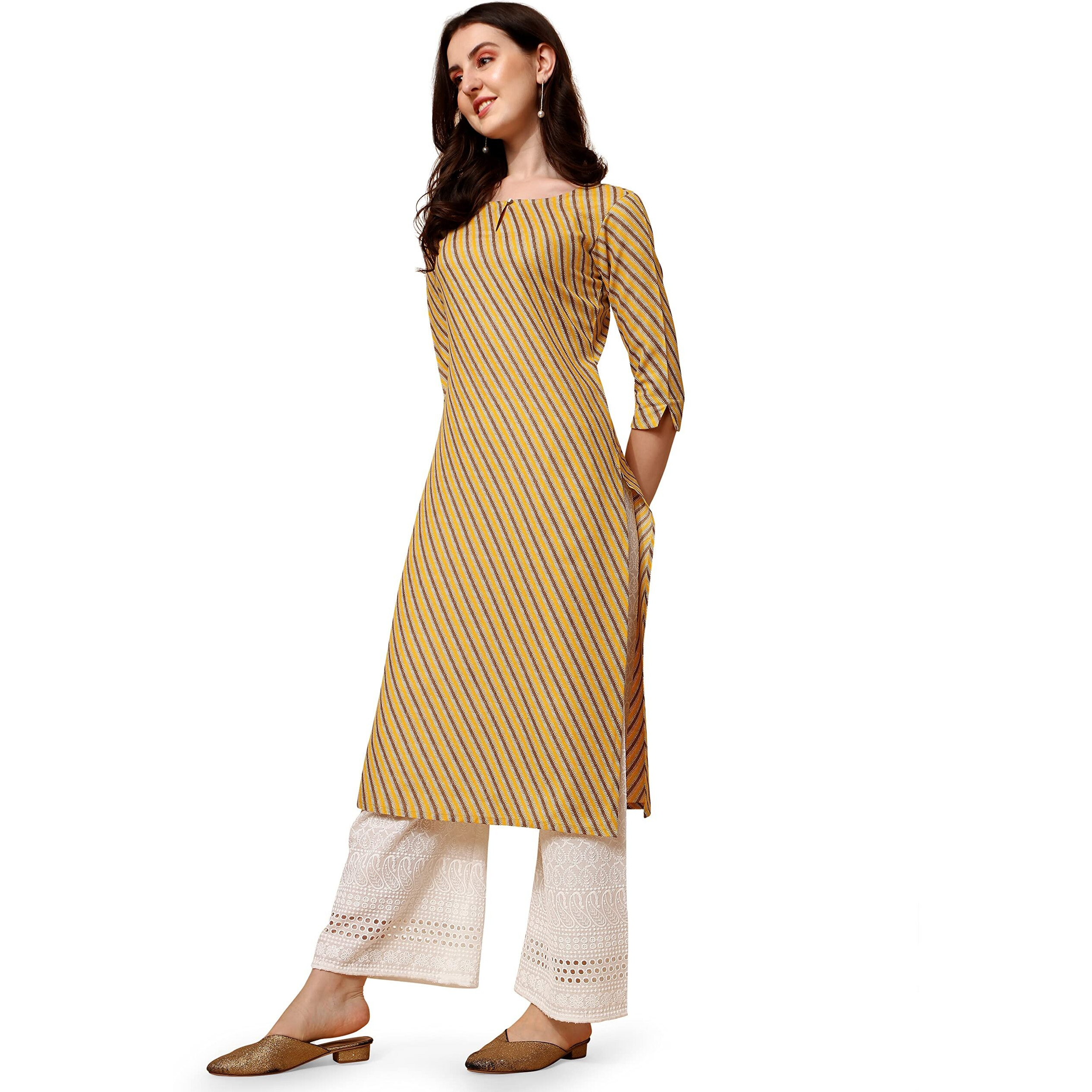 Nainvish Women's Cotton Blend Straight Round Neck Printed Kurta (Sd416_K-S_Light Yellow)