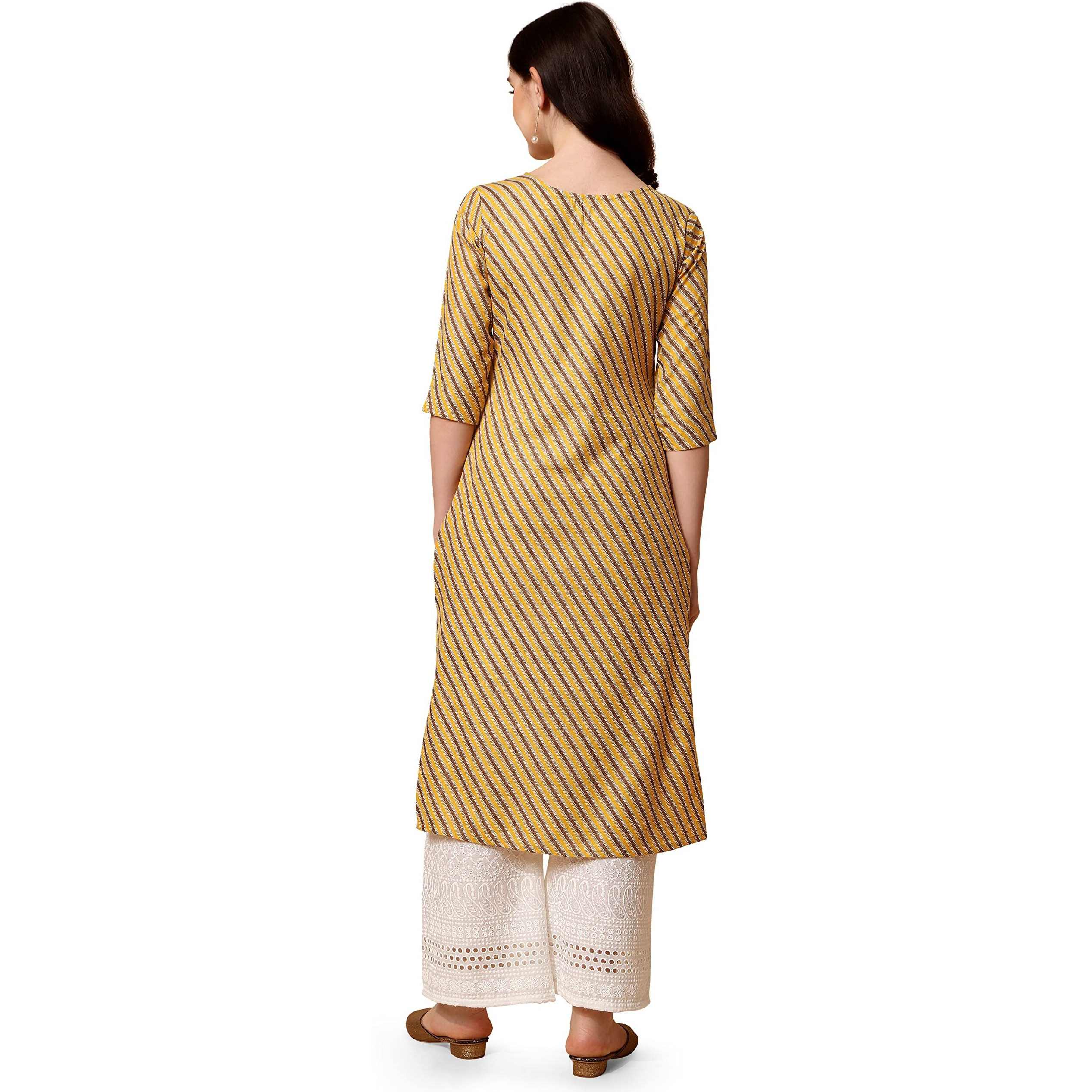 Nainvish Women's Cotton Blend Straight Round Neck Printed Kurta (Sd416_K-S_Light Yellow)