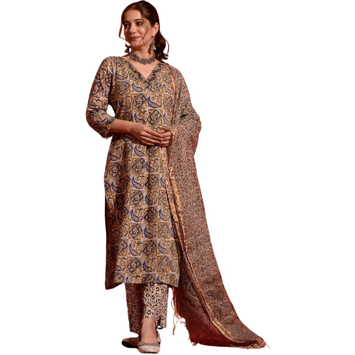 Nainvish Women's Rayon Printed Straight V-Neck Kurta Pant With Dupatta (Sd687_Kbd-M_Beige)