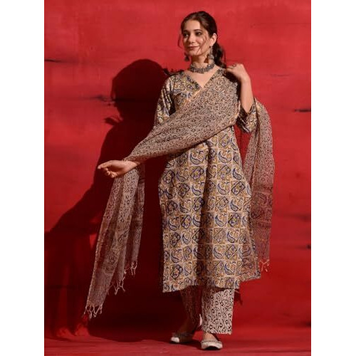 Nainvish Women's Rayon Printed Straight V-Neck Kurta Pant With Dupatta (Sd687_Kbd-M_Beige)