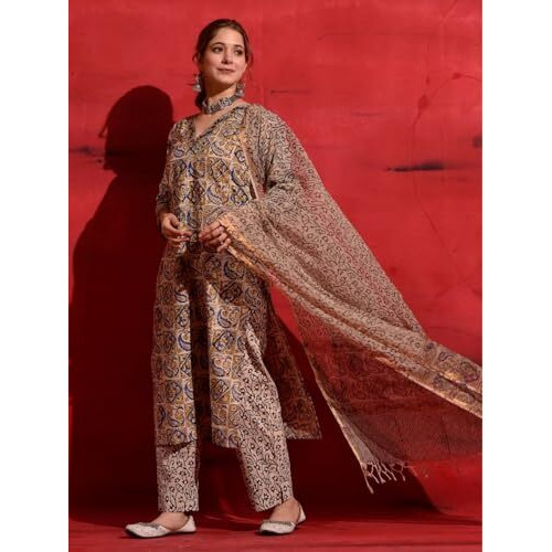 Nainvish Women's Rayon Printed Straight V-Neck Kurta Pant With Dupatta (Sd687_Kbd-M_Beige)