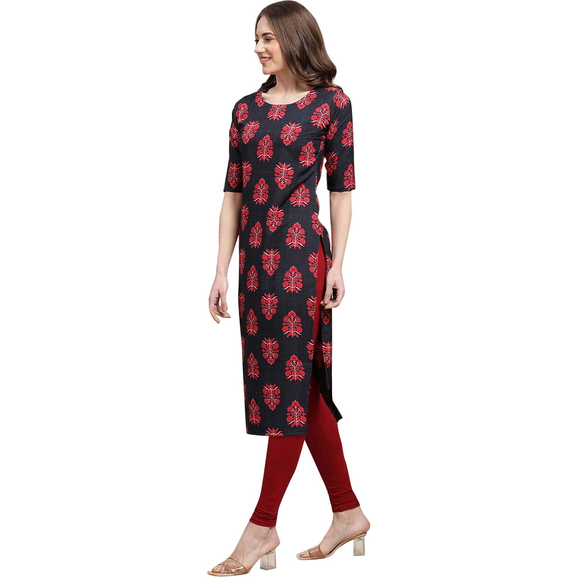 Pinkmint Women's Crepe Grey & Red Color Floral Printed Straight Kurti(Md-530345_S)