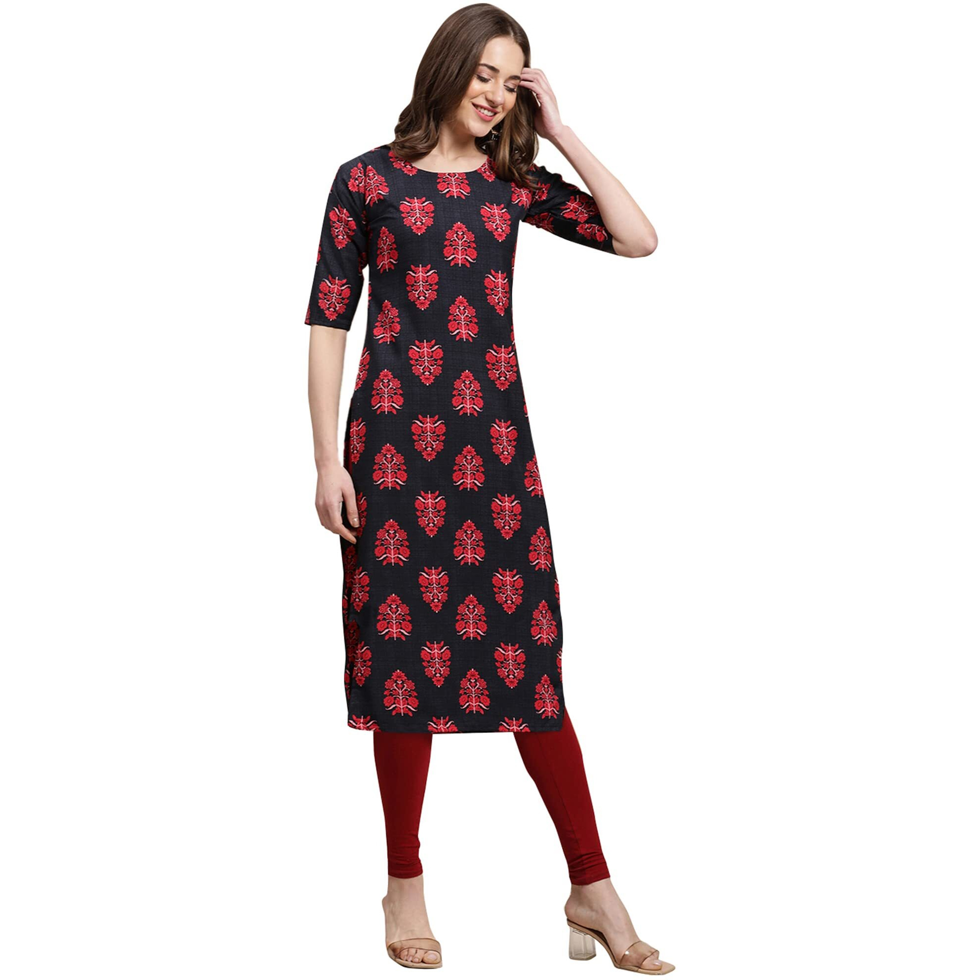 Pinkmint Women's Crepe Grey & Red Color Floral Printed Straight Kurti(Md-530345_S)