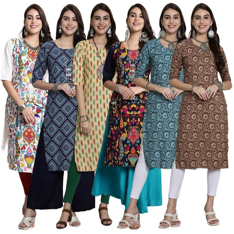 Pinkmint Festival Wear Printed Crepe Kurti's For Women's Ll Ethnic Kurti Ll Comfortable Kurti (Pack Of 6)