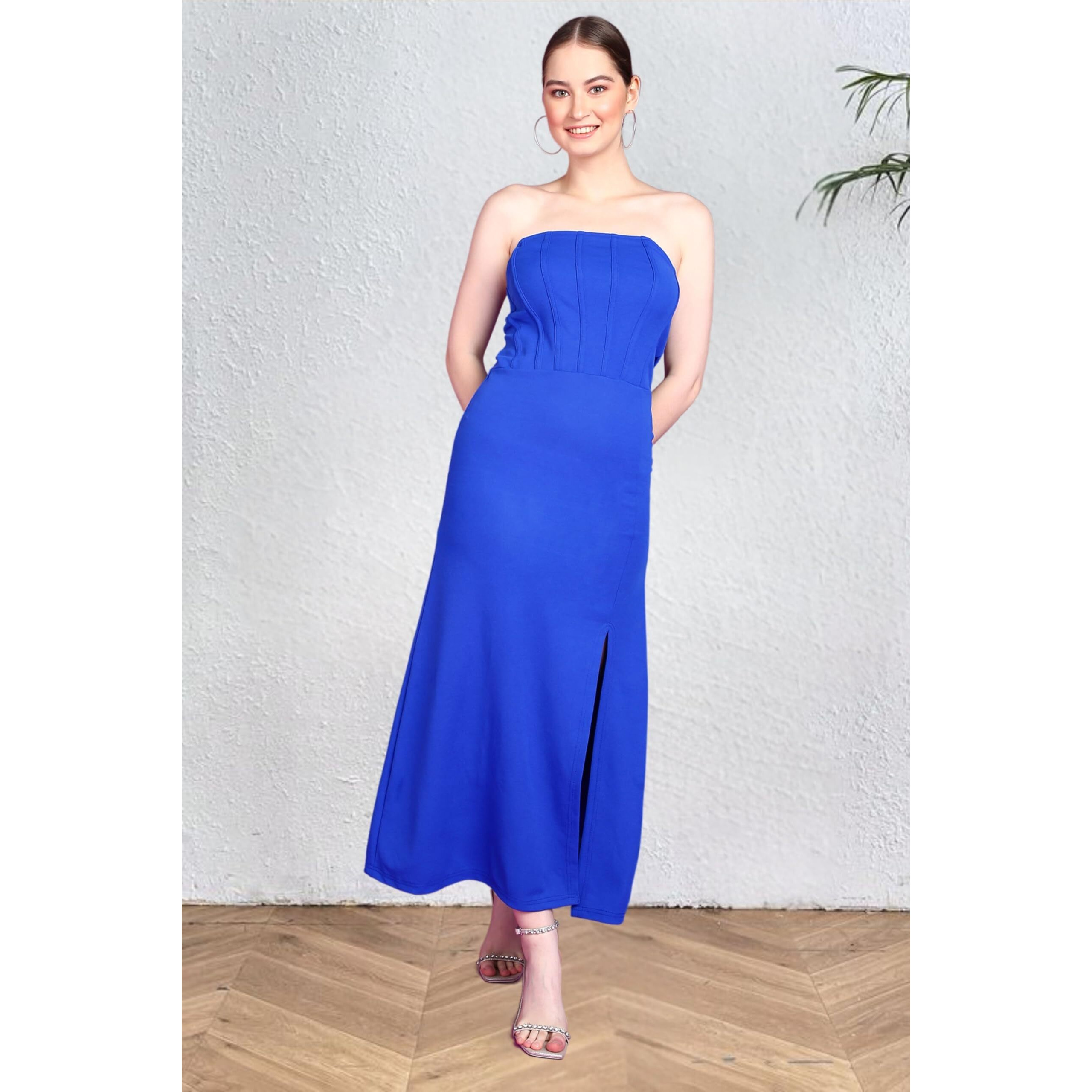Popwings Casual Solid Sleeveless Slit Long Corset Dress For Women || Latest Stylish Western Summer Dresses For Women || Sleeveless Trendy Off-Shoulder Women Dresses For Parties Blue
