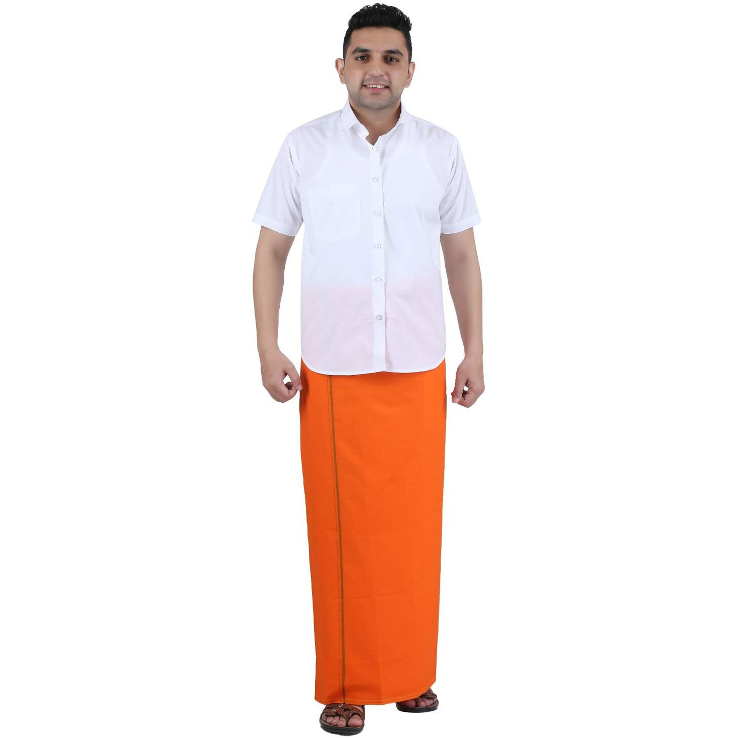 Prakasam Cotton Men's Orange Colour Welcro Pocket Single Dhoti With Pocket - Size Small (Hip 26-32)