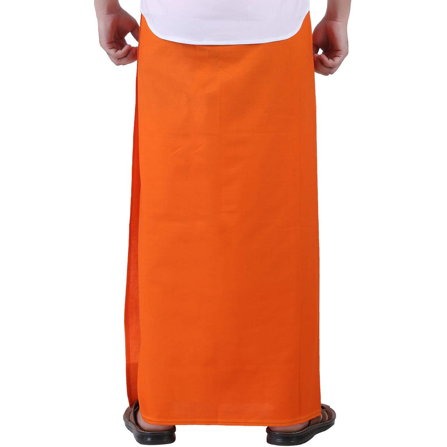 Prakasam Cotton Men's Orange Colour Welcro Pocket Single Dhoti With Pocket - Size Small (Hip 26-32)