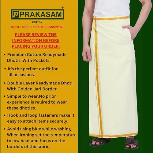 Prakasam Cotton Mens Free Size Stitched Double Layer Cream Dhoti/Mens Cotton Double Stitched Dhoti (Pack Of 1 Dhoti Only)