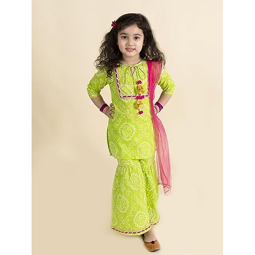 Pspeaches Girls Green Pink Bandhani Embroidered Pure Cotton Kurta With Sharara Dupatta (Green-7-8Y)