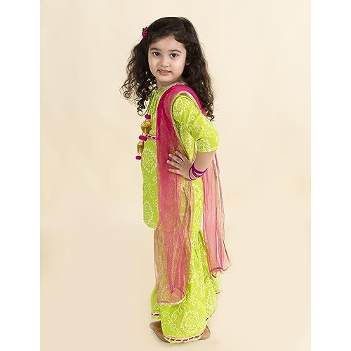 Pspeaches Girls Green Pink Bandhani Embroidered Pure Cotton Kurta With Sharara Dupatta (Green-7-8Y)