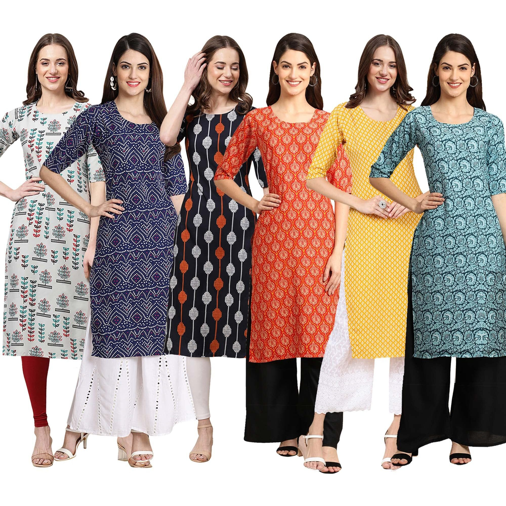 Pinkmint Women's Crepe Digital Print Straight Kurta [Pack Of 6] (Bd-340-375-330-354-350-378-Xl)