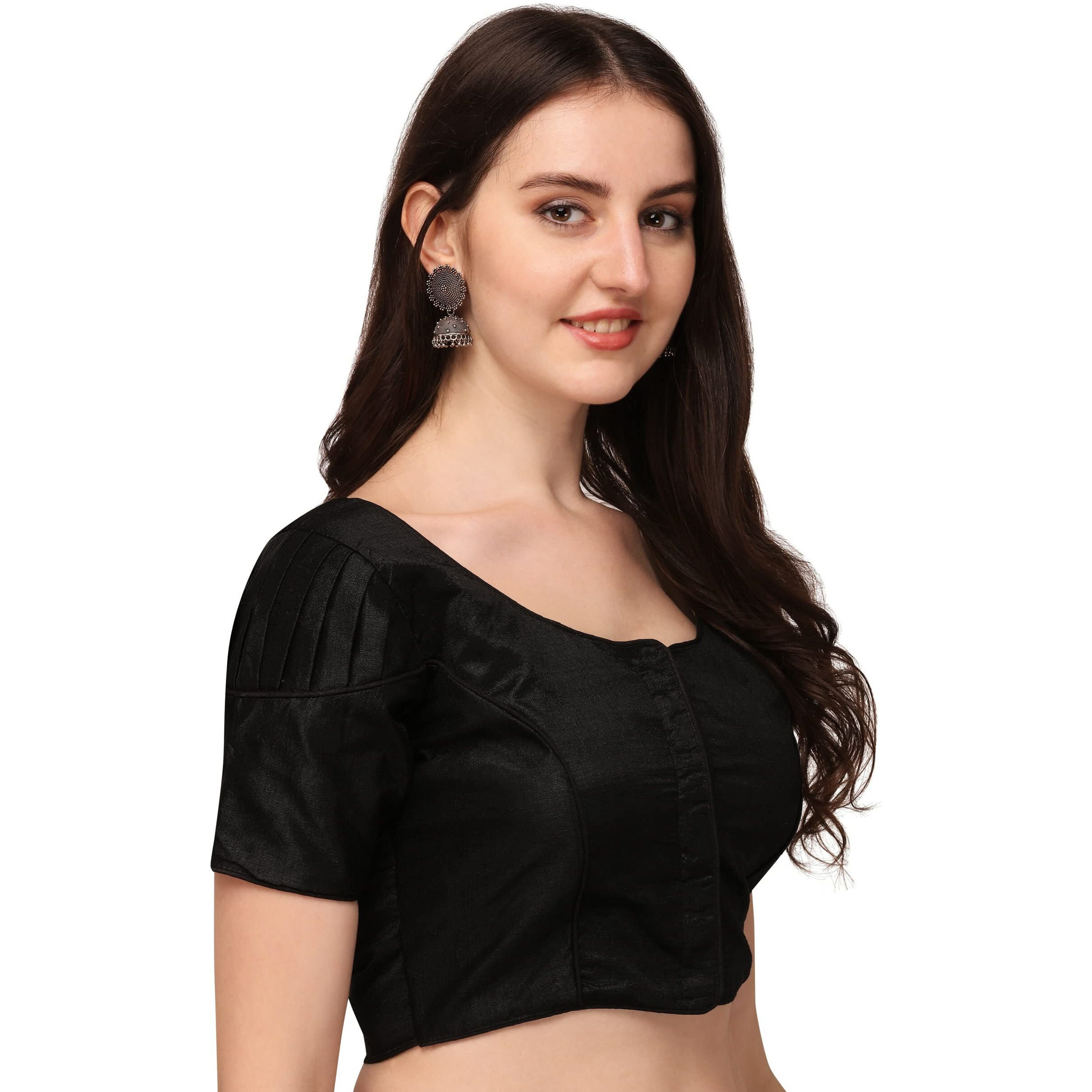 Pujia Mills Women's Silk Shoulder Puff Sleeve Readymade Saree Blouse