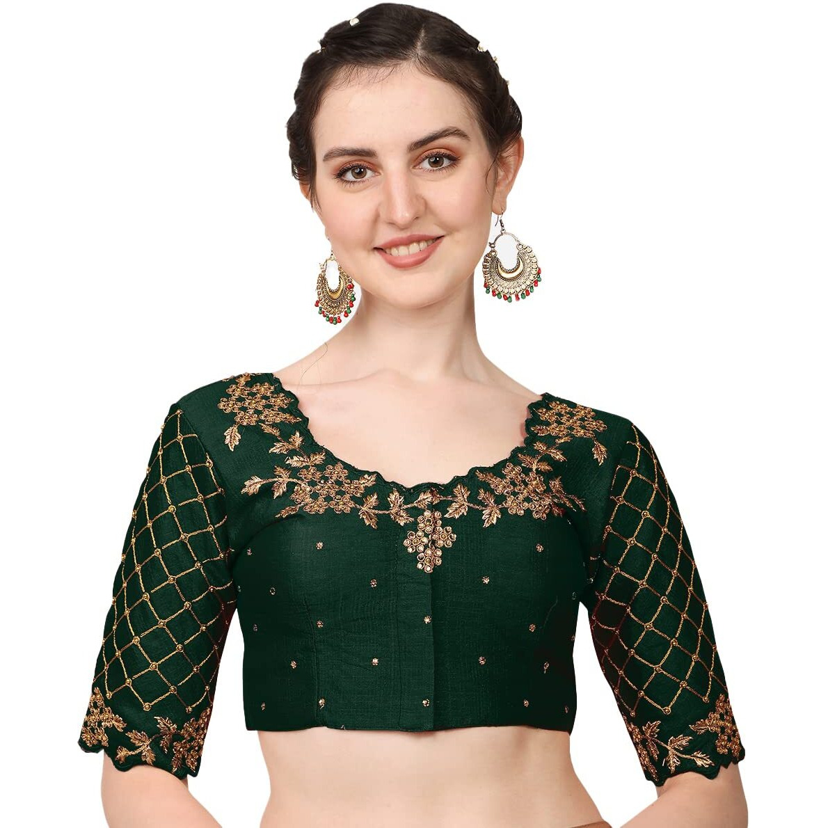 Pujia Mills Women's Embroidery Handwork, Rough Cut Work Stone Work Readymade Blouse (34, Bottle Green)