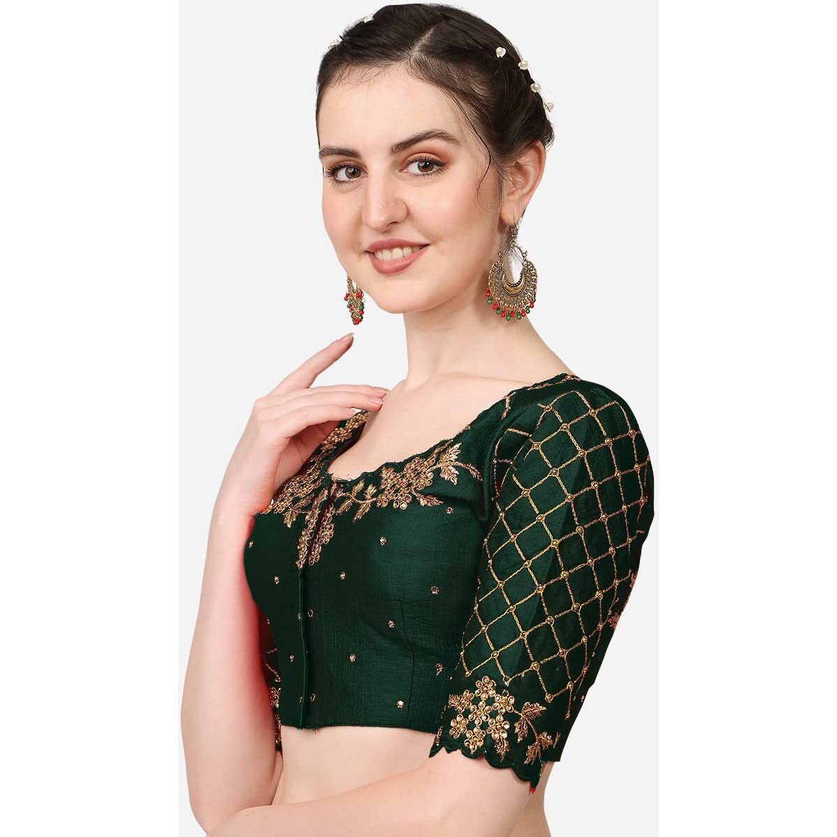 Pujia Mills Women's Embroidery Handwork, Rough Cut Work Stone Work Readymade Blouse (34, Bottle Green)