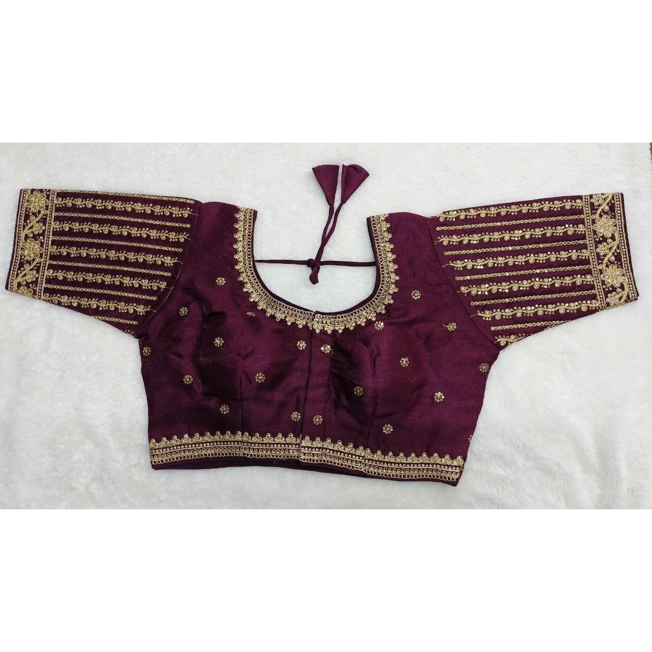 Pujia Mills Women's Readymade Blouse Embroidery Multi Coding Gold Thread Indian Ethnic Designer Stitched Women's Readymade Saree Half Sleeve Wine Color Blouse For Women For Saree Lehenga Choli