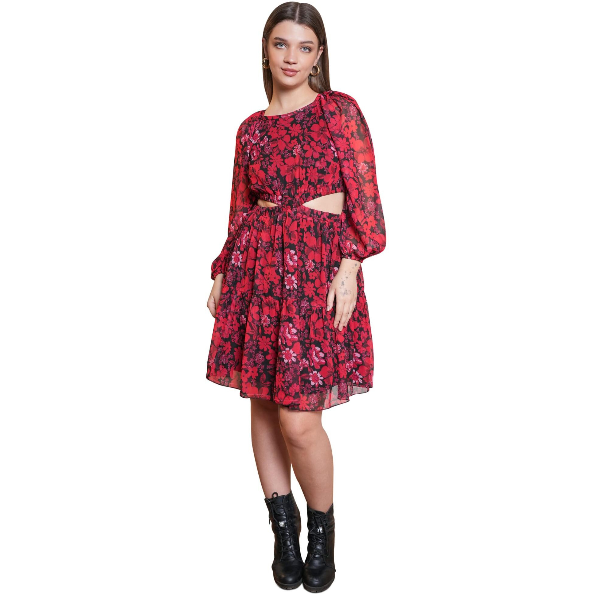 Purvaja Womens Cut Out Above Knee Length Dress (Floe-017_Red_X-Large)