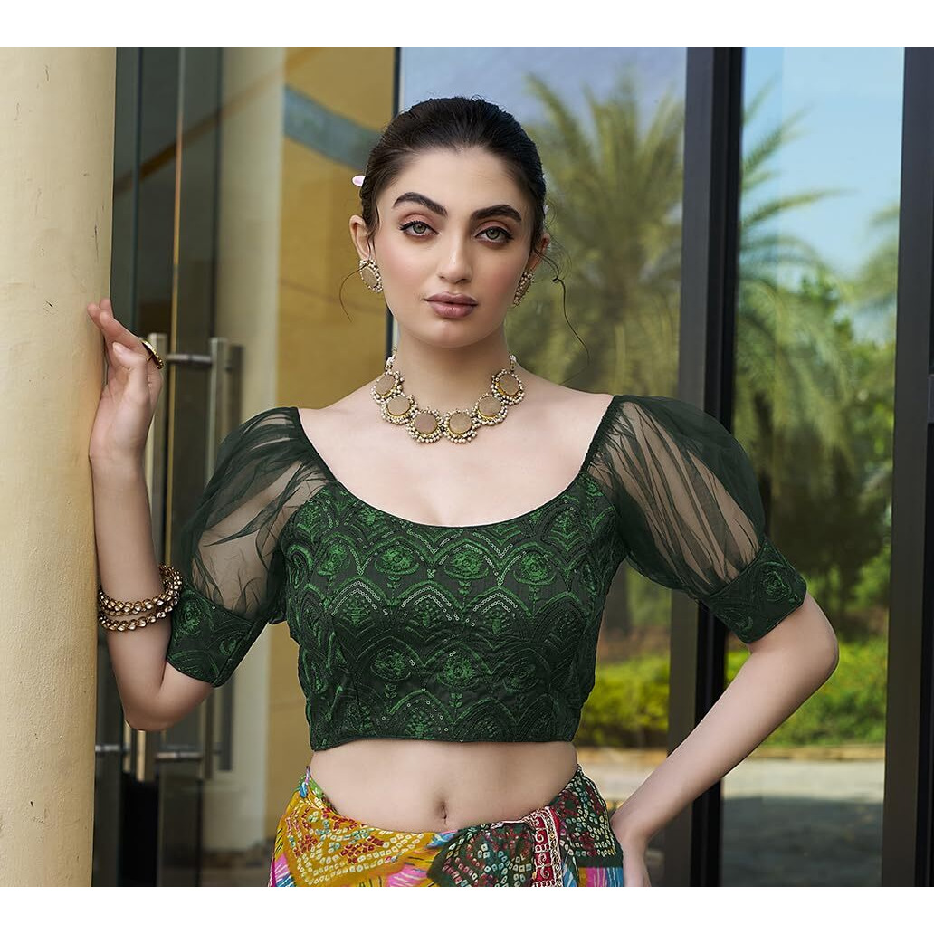 Pujia Mills Womens Net Fabrics Round Neck Puff Sleeve Blouse (Bottle Green, 36)